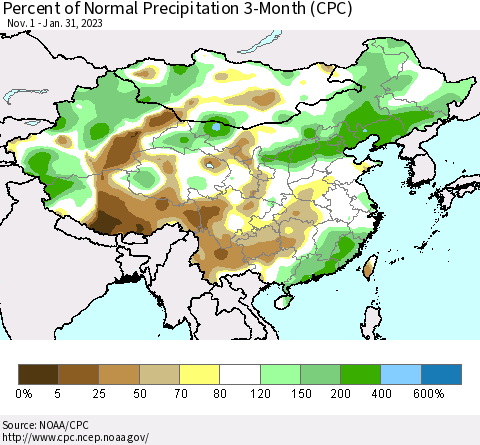 China, Mongolia and Taiwan Percent of Normal Precipitation 3-Month (CPC) Thematic Map For 11/1/2022 - 1/31/2023