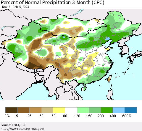 China, Mongolia and Taiwan Percent of Normal Precipitation 3-Month (CPC) Thematic Map For 11/6/2022 - 2/5/2023