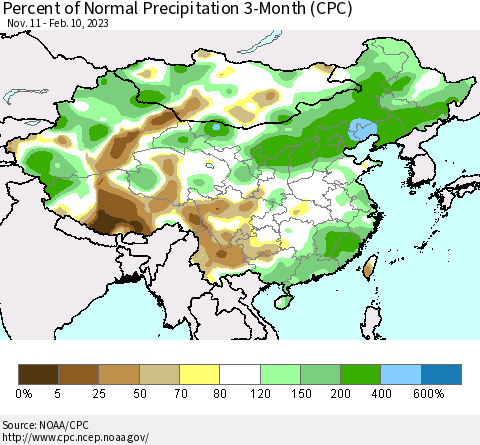 China, Mongolia and Taiwan Percent of Normal Precipitation 3-Month (CPC) Thematic Map For 11/11/2022 - 2/10/2023