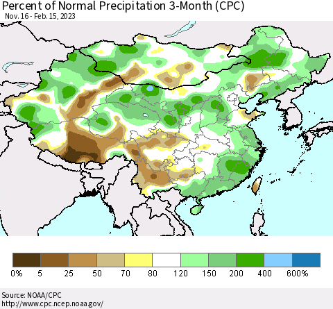 China, Mongolia and Taiwan Percent of Normal Precipitation 3-Month (CPC) Thematic Map For 11/16/2022 - 2/15/2023