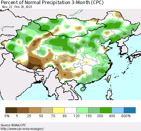 China, Mongolia and Taiwan Percent of Normal Precipitation 3-Month (CPC) Thematic Map For 11/21/2022 - 2/20/2023