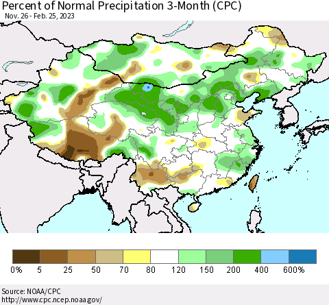 China, Mongolia and Taiwan Percent of Normal Precipitation 3-Month (CPC) Thematic Map For 11/26/2022 - 2/25/2023