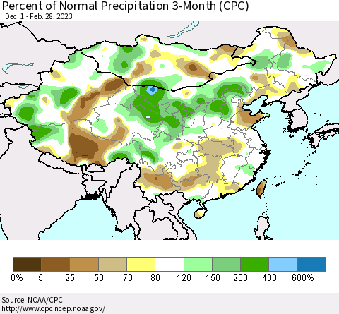 China, Mongolia and Taiwan Percent of Normal Precipitation 3-Month (CPC) Thematic Map For 12/1/2022 - 2/28/2023