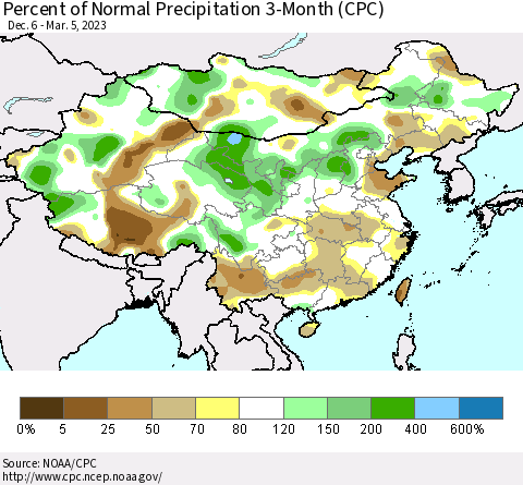 China, Mongolia and Taiwan Percent of Normal Precipitation 3-Month (CPC) Thematic Map For 12/6/2022 - 3/5/2023
