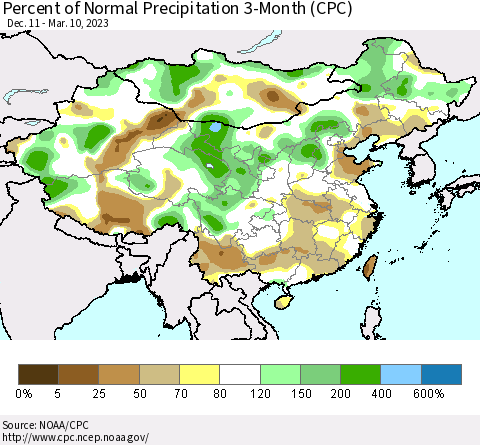China, Mongolia and Taiwan Percent of Normal Precipitation 3-Month (CPC) Thematic Map For 12/11/2022 - 3/10/2023