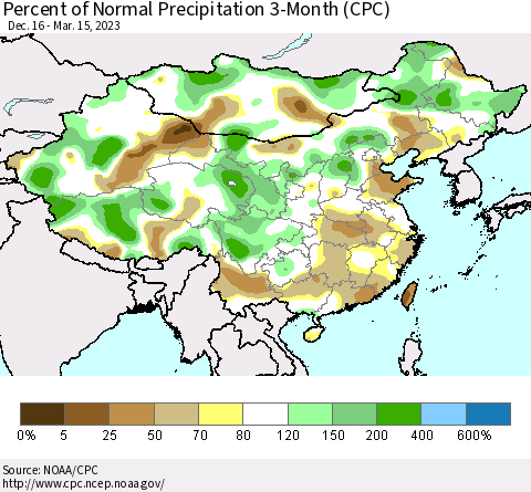 China, Mongolia and Taiwan Percent of Normal Precipitation 3-Month (CPC) Thematic Map For 12/16/2022 - 3/15/2023