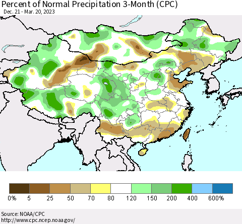 China, Mongolia and Taiwan Percent of Normal Precipitation 3-Month (CPC) Thematic Map For 12/21/2022 - 3/20/2023