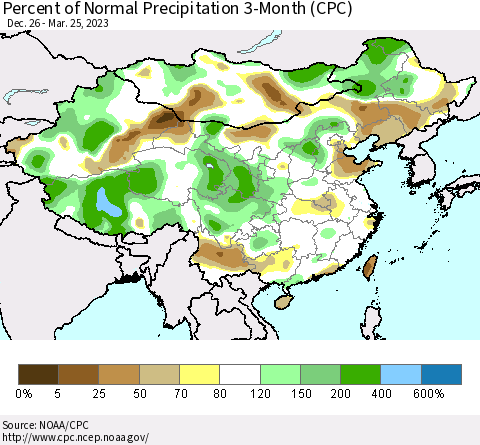 China, Mongolia and Taiwan Percent of Normal Precipitation 3-Month (CPC) Thematic Map For 12/26/2022 - 3/25/2023