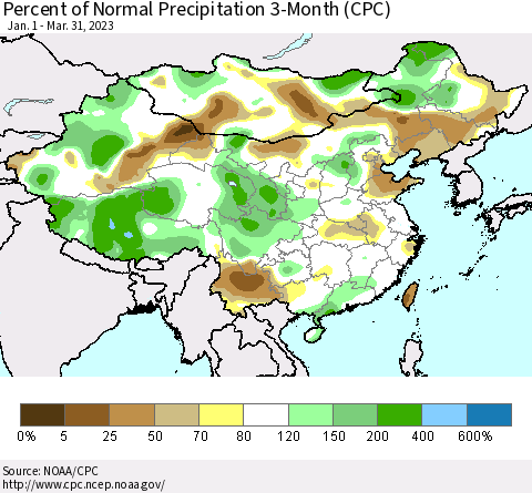 China, Mongolia and Taiwan Percent of Normal Precipitation 3-Month (CPC) Thematic Map For 1/1/2023 - 3/31/2023
