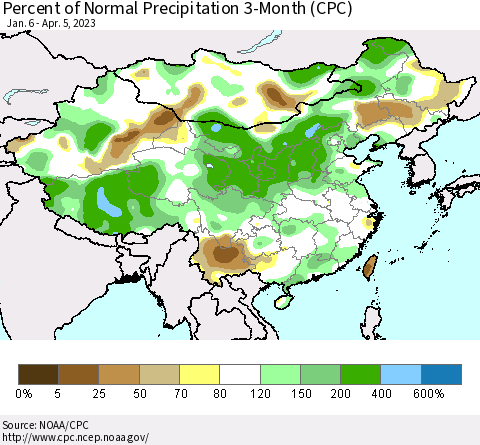 China, Mongolia and Taiwan Percent of Normal Precipitation 3-Month (CPC) Thematic Map For 1/6/2023 - 4/5/2023