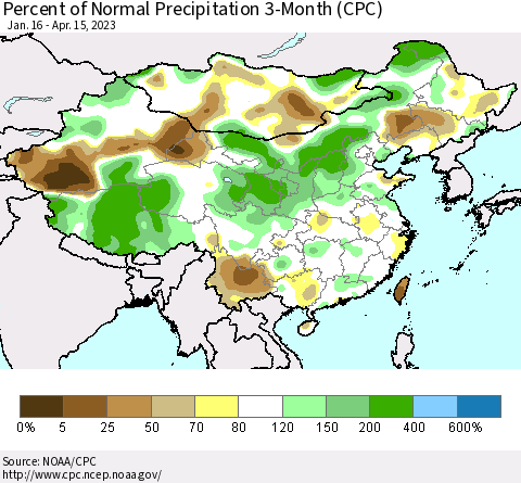 China, Mongolia and Taiwan Percent of Normal Precipitation 3-Month (CPC) Thematic Map For 1/16/2023 - 4/15/2023