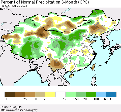 China, Mongolia and Taiwan Percent of Normal Precipitation 3-Month (CPC) Thematic Map For 1/21/2023 - 4/20/2023