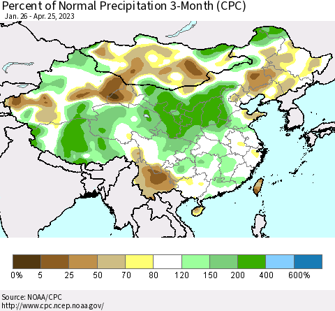 China, Mongolia and Taiwan Percent of Normal Precipitation 3-Month (CPC) Thematic Map For 1/26/2023 - 4/25/2023