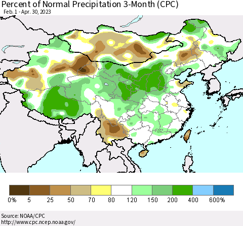 China, Mongolia and Taiwan Percent of Normal Precipitation 3-Month (CPC) Thematic Map For 2/1/2023 - 4/30/2023