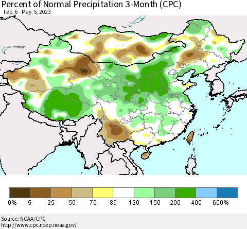 China, Mongolia and Taiwan Percent of Normal Precipitation 3-Month (CPC) Thematic Map For 2/6/2023 - 5/5/2023
