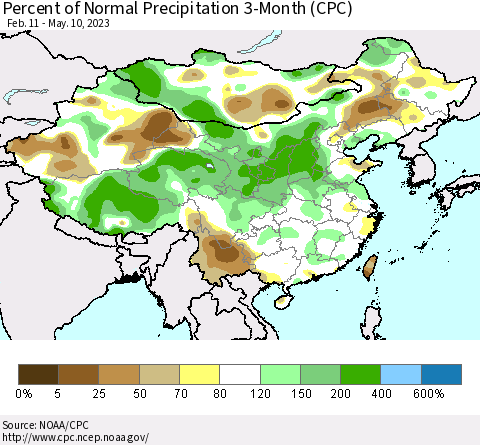 China, Mongolia and Taiwan Percent of Normal Precipitation 3-Month (CPC) Thematic Map For 2/11/2023 - 5/10/2023