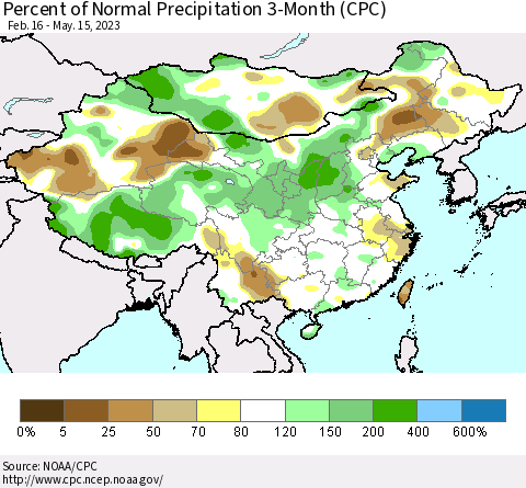 China, Mongolia and Taiwan Percent of Normal Precipitation 3-Month (CPC) Thematic Map For 2/16/2023 - 5/15/2023