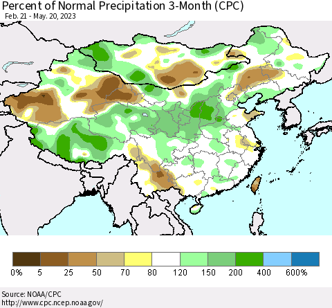China, Mongolia and Taiwan Percent of Normal Precipitation 3-Month (CPC) Thematic Map For 2/21/2023 - 5/20/2023