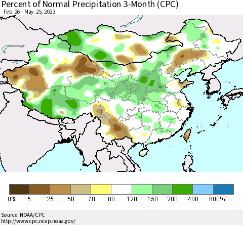 China, Mongolia and Taiwan Percent of Normal Precipitation 3-Month (CPC) Thematic Map For 2/26/2023 - 5/25/2023