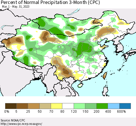 China, Mongolia and Taiwan Percent of Normal Precipitation 3-Month (CPC) Thematic Map For 3/1/2023 - 5/31/2023