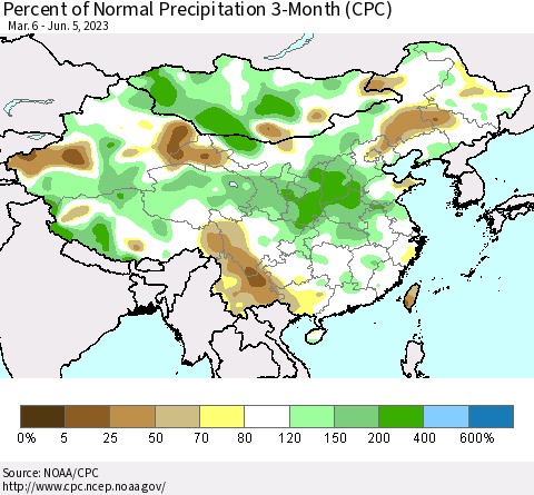 China, Mongolia and Taiwan Percent of Normal Precipitation 3-Month (CPC) Thematic Map For 3/6/2023 - 6/5/2023