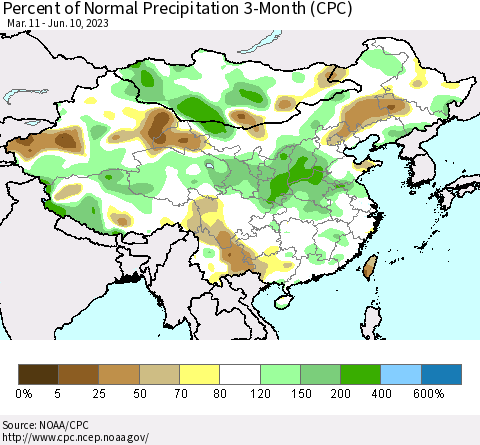 China, Mongolia and Taiwan Percent of Normal Precipitation 3-Month (CPC) Thematic Map For 3/11/2023 - 6/10/2023