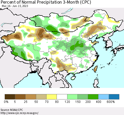 China, Mongolia and Taiwan Percent of Normal Precipitation 3-Month (CPC) Thematic Map For 3/16/2023 - 6/15/2023