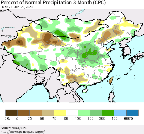China, Mongolia and Taiwan Percent of Normal Precipitation 3-Month (CPC) Thematic Map For 3/21/2023 - 6/20/2023