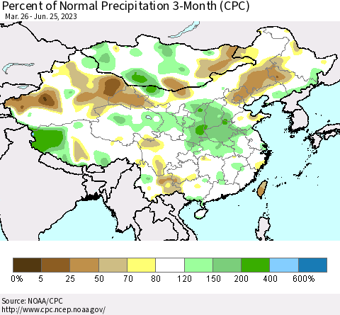 China, Mongolia and Taiwan Percent of Normal Precipitation 3-Month (CPC) Thematic Map For 3/26/2023 - 6/25/2023