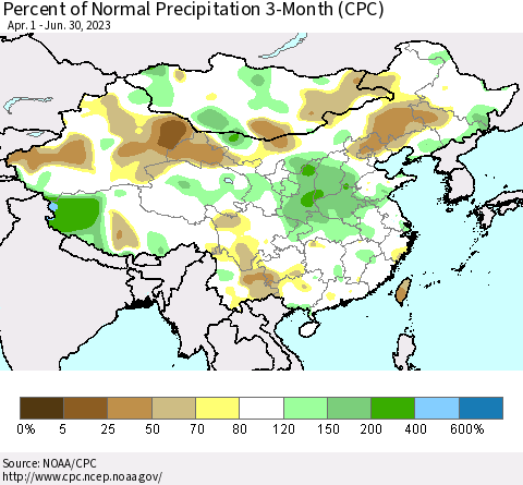 China, Mongolia and Taiwan Percent of Normal Precipitation 3-Month (CPC) Thematic Map For 4/1/2023 - 6/30/2023