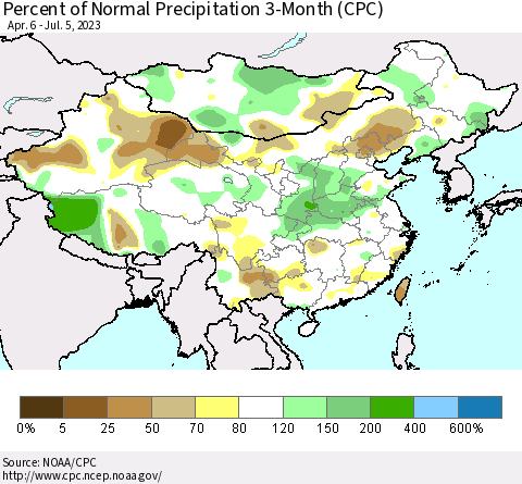 China, Mongolia and Taiwan Percent of Normal Precipitation 3-Month (CPC) Thematic Map For 4/6/2023 - 7/5/2023
