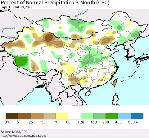 China, Mongolia and Taiwan Percent of Normal Precipitation 3-Month (CPC) Thematic Map For 4/11/2023 - 7/10/2023