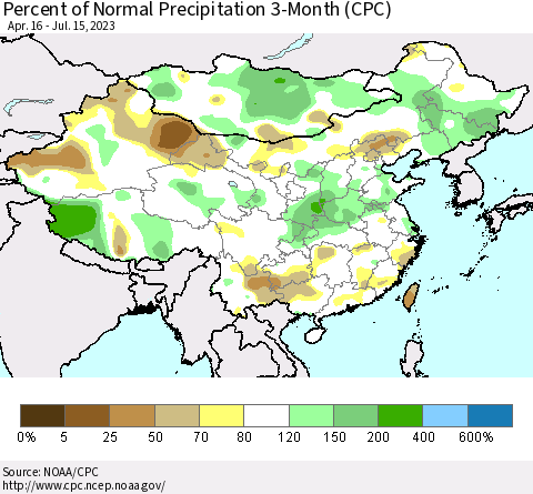 China, Mongolia and Taiwan Percent of Normal Precipitation 3-Month (CPC) Thematic Map For 4/16/2023 - 7/15/2023