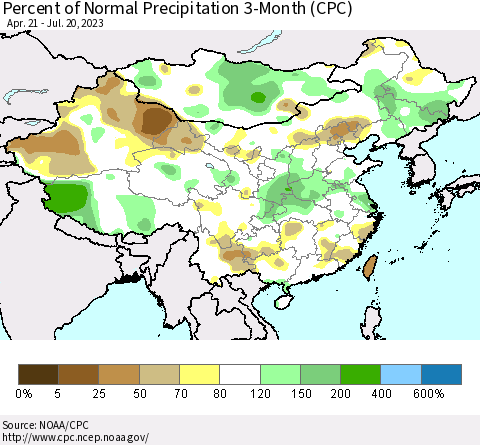 China, Mongolia and Taiwan Percent of Normal Precipitation 3-Month (CPC) Thematic Map For 4/21/2023 - 7/20/2023