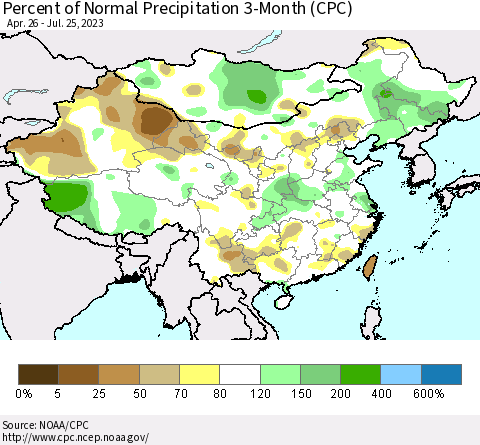 China, Mongolia and Taiwan Percent of Normal Precipitation 3-Month (CPC) Thematic Map For 4/26/2023 - 7/25/2023