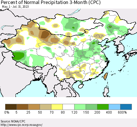 China, Mongolia and Taiwan Percent of Normal Precipitation 3-Month (CPC) Thematic Map For 5/1/2023 - 7/31/2023