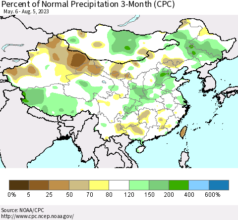 China, Mongolia and Taiwan Percent of Normal Precipitation 3-Month (CPC) Thematic Map For 5/6/2023 - 8/5/2023