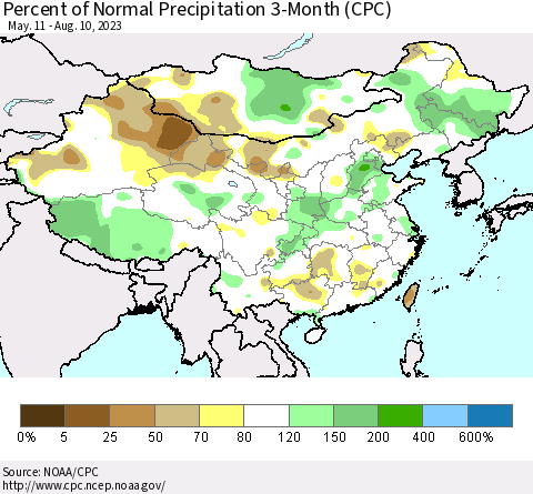 China, Mongolia and Taiwan Percent of Normal Precipitation 3-Month (CPC) Thematic Map For 5/11/2023 - 8/10/2023