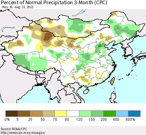 China, Mongolia and Taiwan Percent of Normal Precipitation 3-Month (CPC) Thematic Map For 5/16/2023 - 8/15/2023