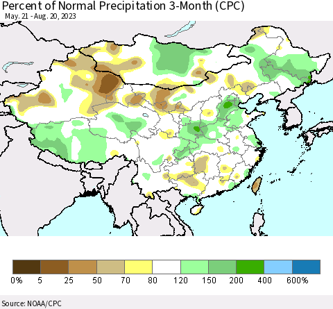 China, Mongolia and Taiwan Percent of Normal Precipitation 3-Month (CPC) Thematic Map For 5/21/2023 - 8/20/2023