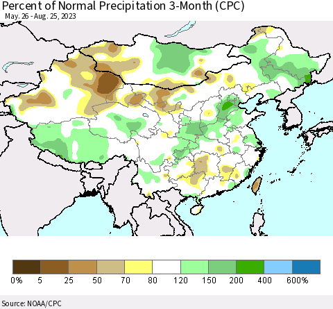 China, Mongolia and Taiwan Percent of Normal Precipitation 3-Month (CPC) Thematic Map For 5/26/2023 - 8/25/2023