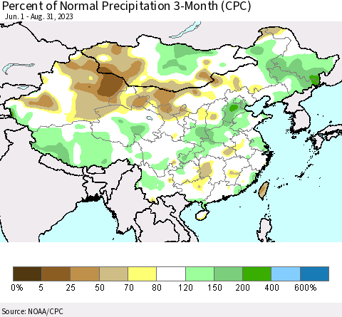 China, Mongolia and Taiwan Percent of Normal Precipitation 3-Month (CPC) Thematic Map For 6/1/2023 - 8/31/2023
