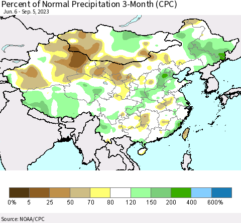 China, Mongolia and Taiwan Percent of Normal Precipitation 3-Month (CPC) Thematic Map For 6/6/2023 - 9/5/2023