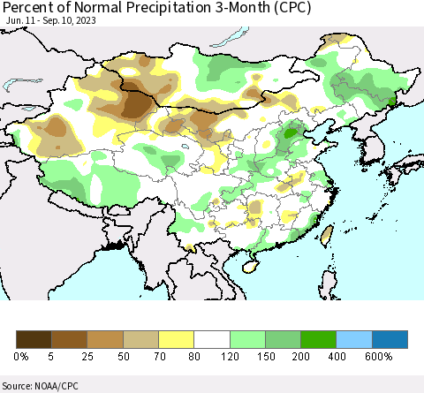 China, Mongolia and Taiwan Percent of Normal Precipitation 3-Month (CPC) Thematic Map For 6/11/2023 - 9/10/2023