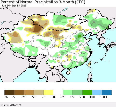 China, Mongolia and Taiwan Percent of Normal Precipitation 3-Month (CPC) Thematic Map For 6/16/2023 - 9/15/2023