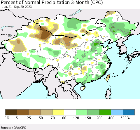 China, Mongolia and Taiwan Percent of Normal Precipitation 3-Month (CPC) Thematic Map For 6/21/2023 - 9/20/2023