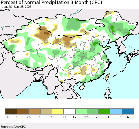 China, Mongolia and Taiwan Percent of Normal Precipitation 3-Month (CPC) Thematic Map For 6/26/2023 - 9/25/2023