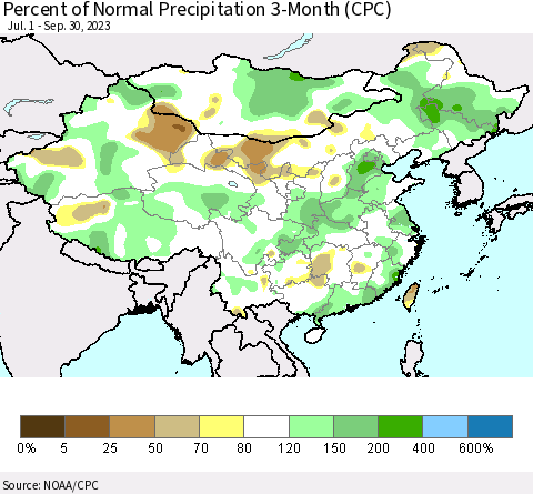China, Mongolia and Taiwan Percent of Normal Precipitation 3-Month (CPC) Thematic Map For 7/1/2023 - 9/30/2023
