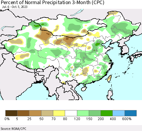 China, Mongolia and Taiwan Percent of Normal Precipitation 3-Month (CPC) Thematic Map For 7/6/2023 - 10/5/2023