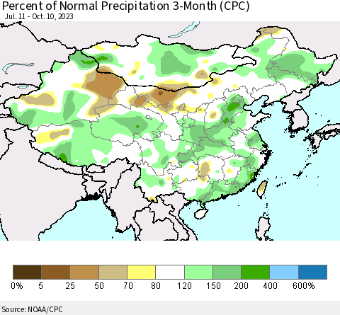 China, Mongolia and Taiwan Percent of Normal Precipitation 3-Month (CPC) Thematic Map For 7/11/2023 - 10/10/2023